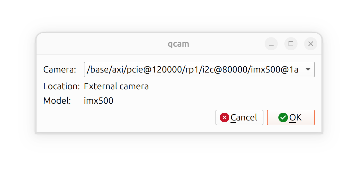 The qcam camera selection window, showing a drop-down list of available cameras, and brief information about the selected camera
